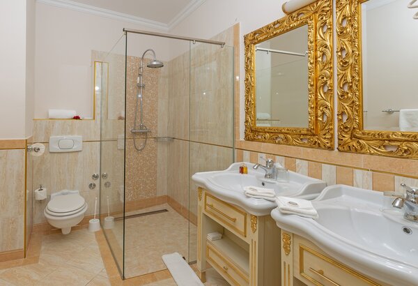 Luxury bathroom with double sink at Kvarner Palace Family-friendly suite in Croatia for your holiday