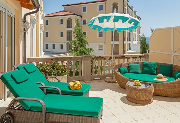 Family apartment with sea-view terrace at Kvarner Palace Hotel with family apartments, Croatia – by the sea